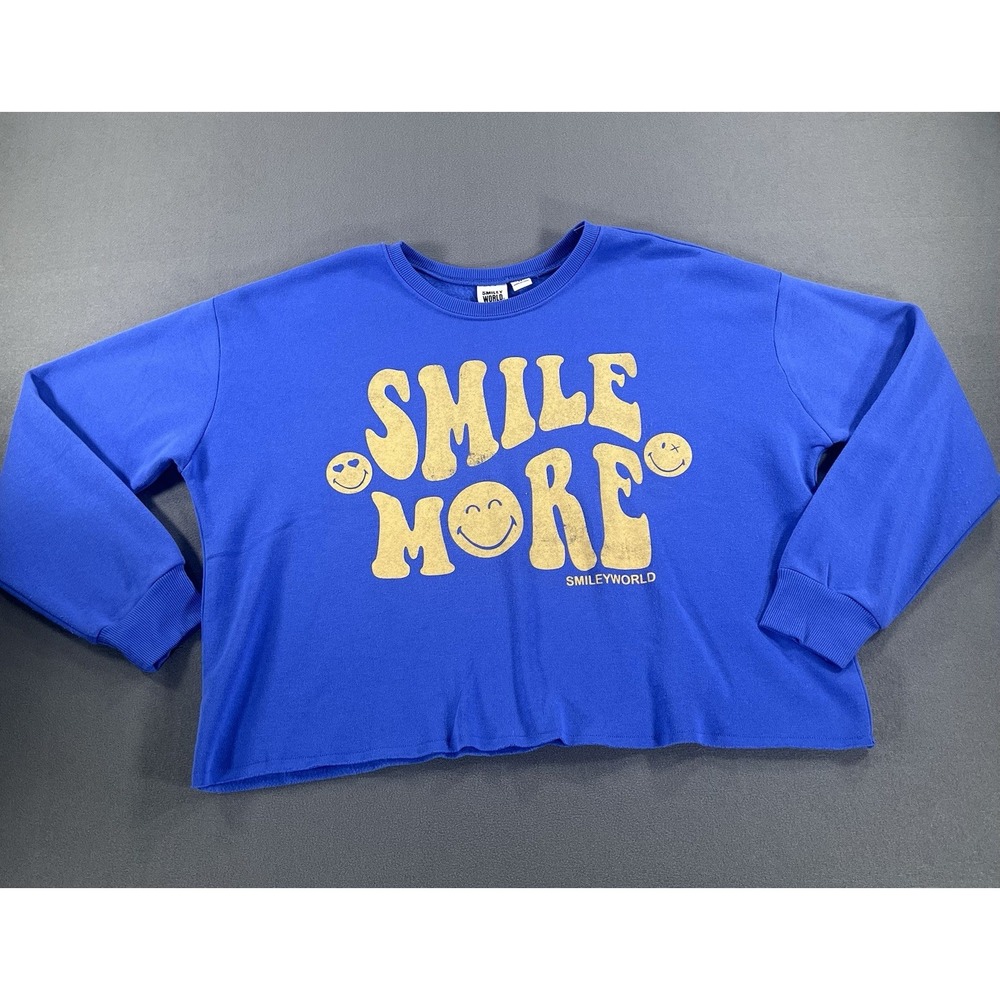 Smiley World Smile More Blue Yellow Cropped Sweatshirt Grayson Threads Medium